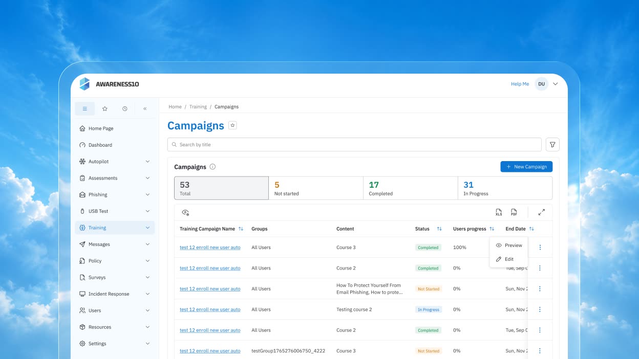 Training campaigns list with status, live progress and per-row actions