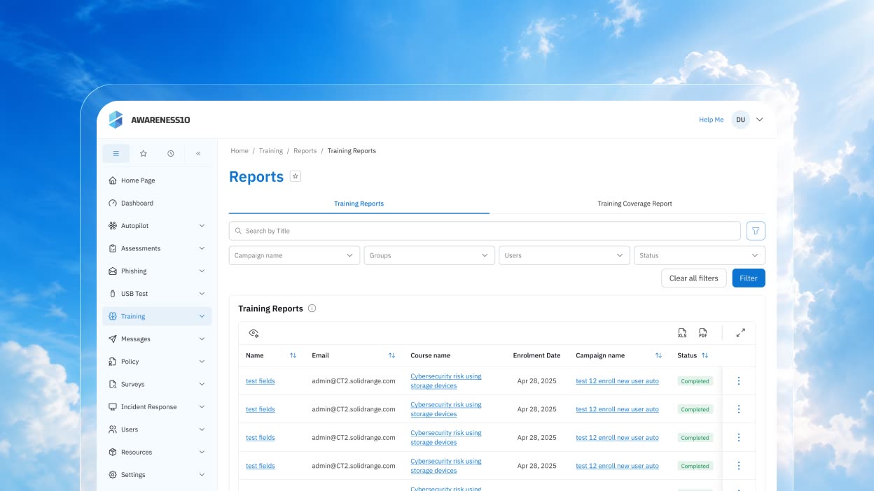 Training reports with tabbed coverage views, a filter bar and cross-linked columns