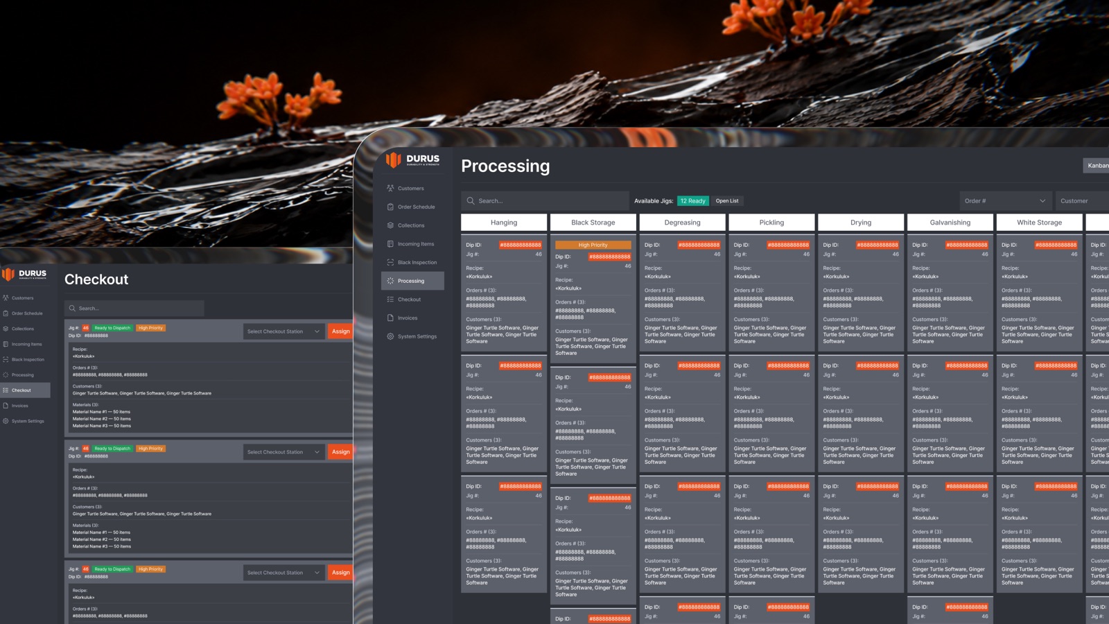 Durus — order tracking screen of the galvanizing plant desktop system