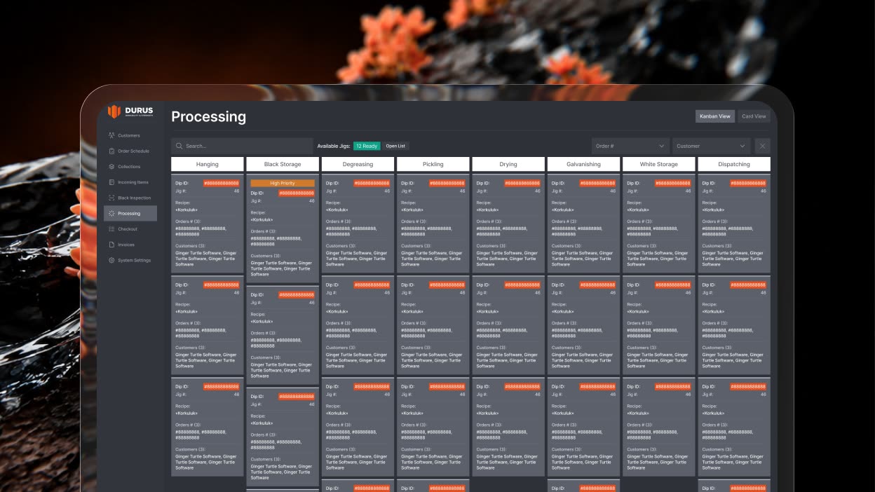 Processing board — an eight-stage Kanban with live jig-readiness and priority bands