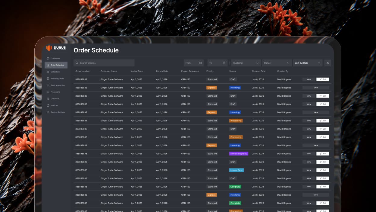 Order schedule with filters, a colour status pipeline and per-row actions