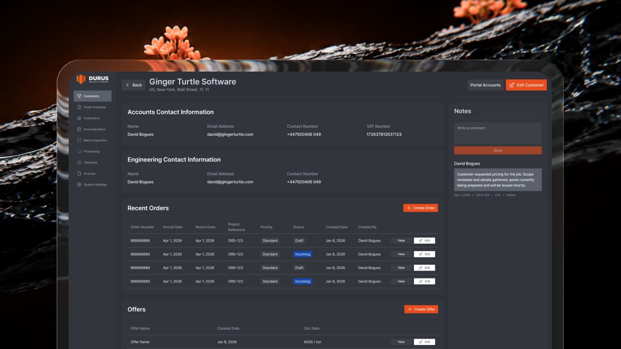 Customer hub with contacts, recent orders, zinc-rate offers and notes on one record