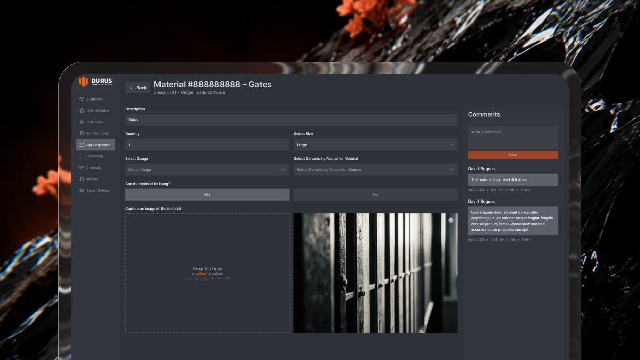 Black inspection with recipe linkage, a hangability check, photo evidence and approval