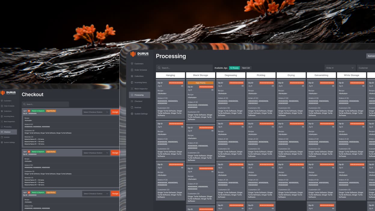 Durus — the eight-stage processing board showing the plating line in real time