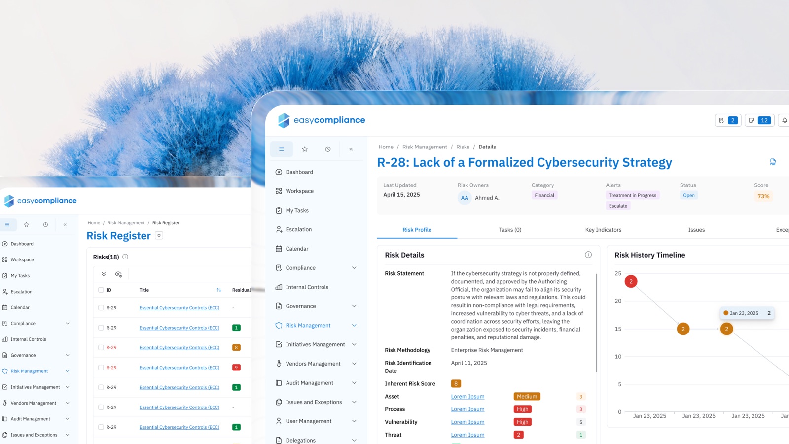 Easycompliance — risk register interface of the enterprise GRC platform