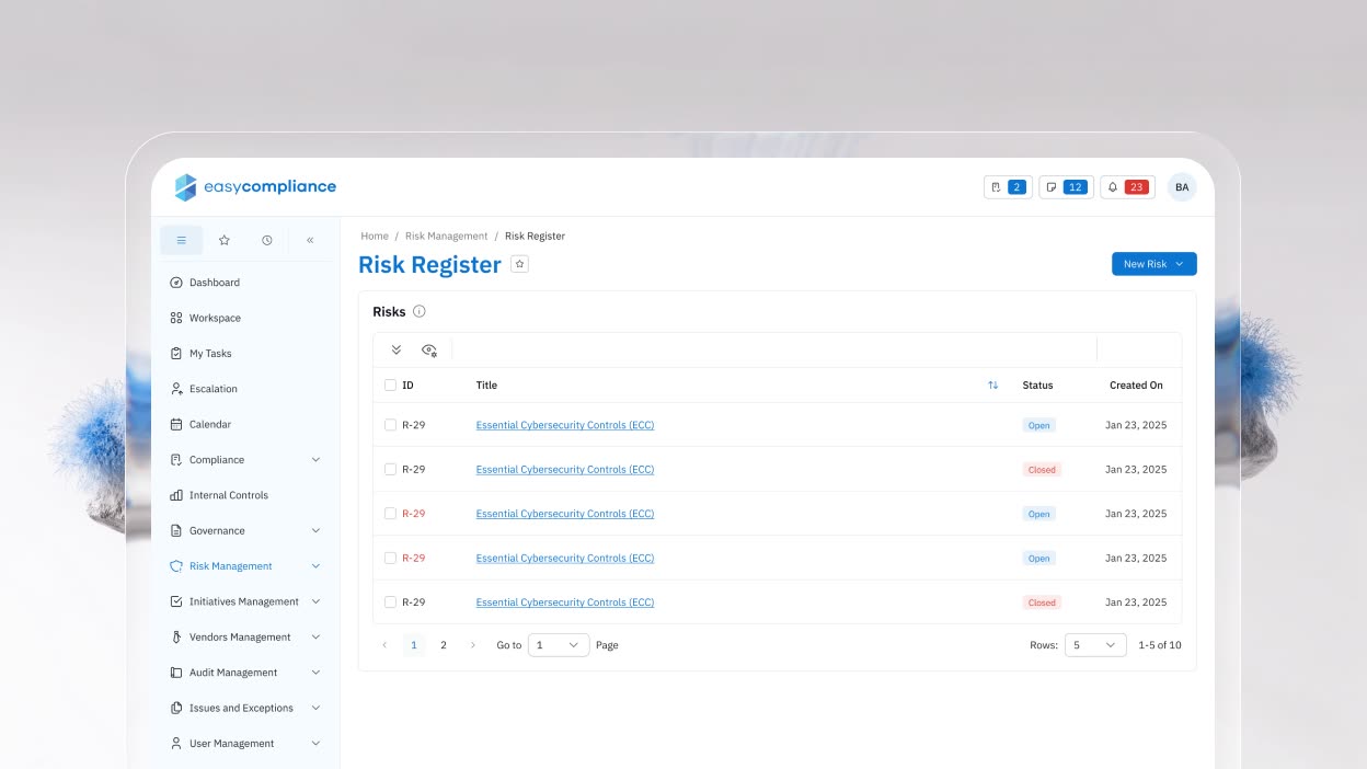 Legacy risk register — a flat list with no residual score, alerts or treatment