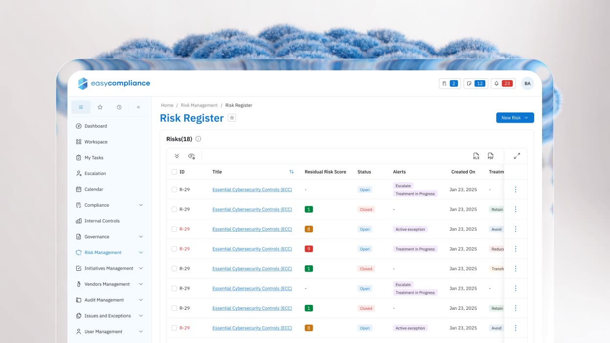 Risk register with residual scores, treatment methods, live alerts and export