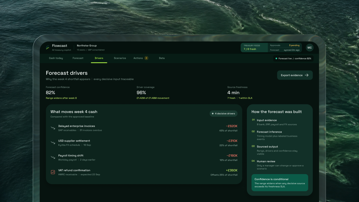 Flowcast forecast drivers with amounts, sources and timing