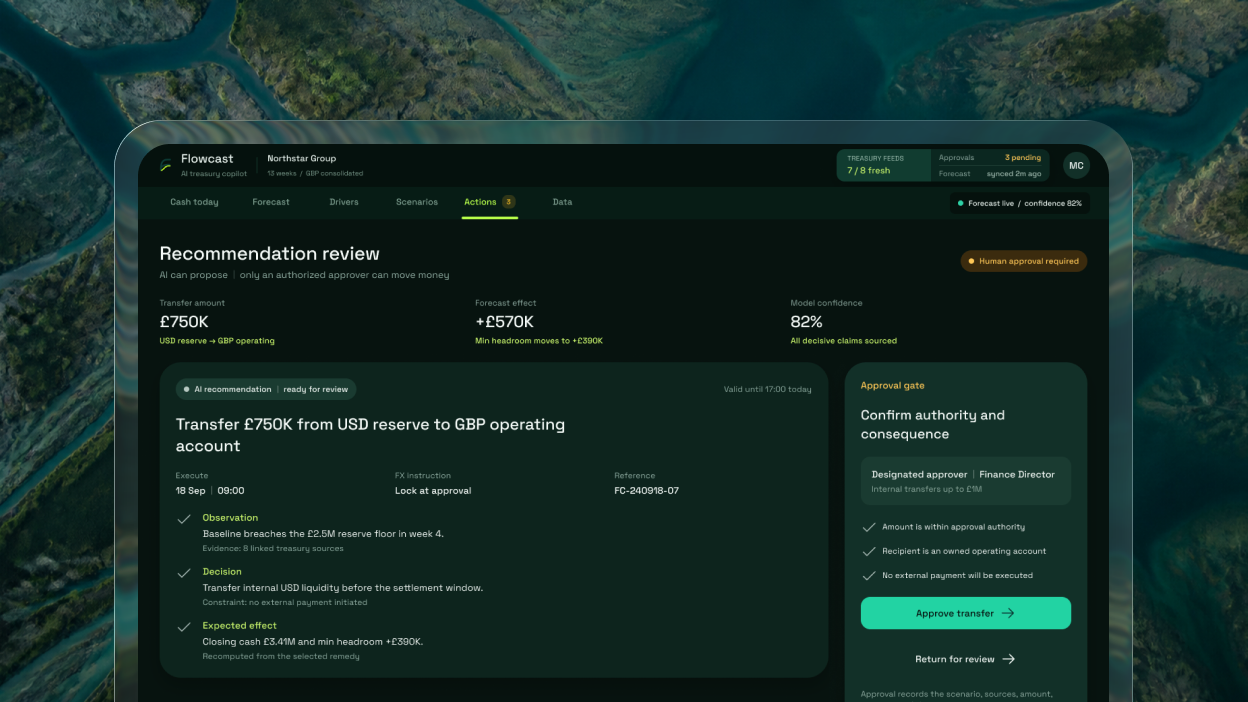Flowcast approval screen for an internal treasury transfer