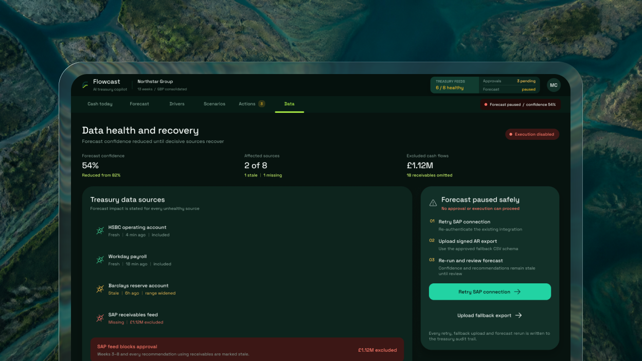Flowcast data health screen with a paused forecast and recovery actions