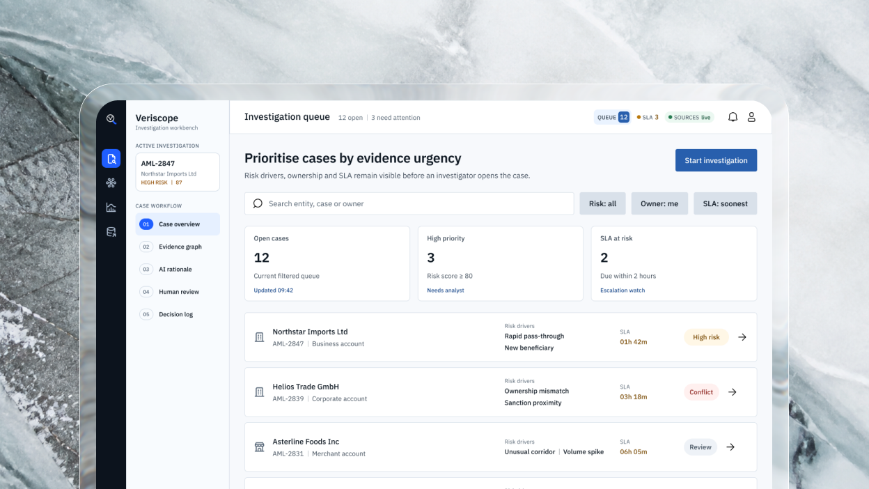 Veriscope investigation queue with review priorities and evidence status