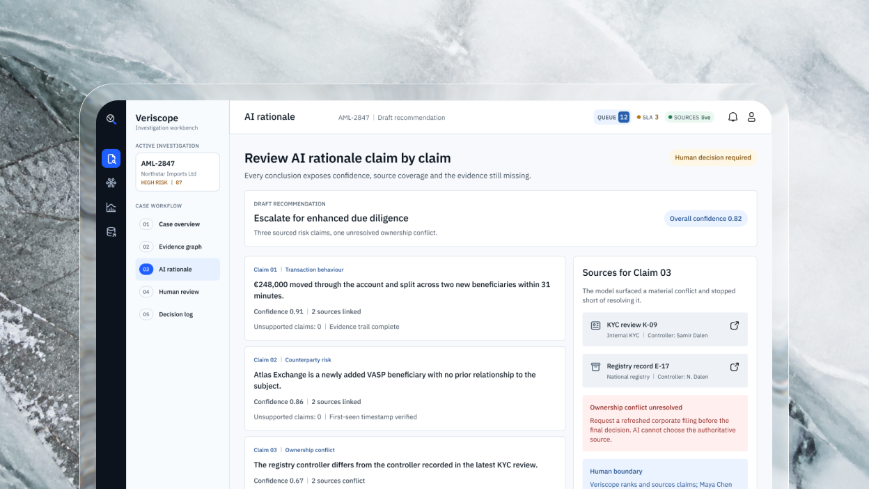 Veriscope AI rationale split into claims with confidence and linked sources
